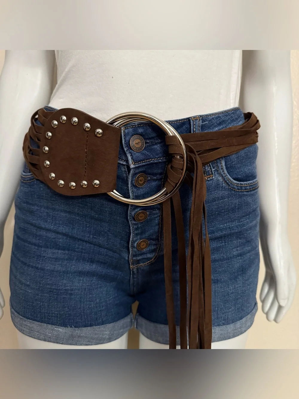 Brown PU suede leather wrap belt silver ring buckle with long fringe details